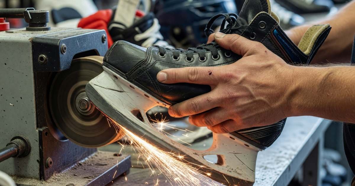 Hands holding a hockey skate as its blade is sharpened on a machine with sparks, illustrating buying and sharpening skates as an adult.