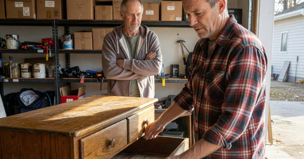 A man inspecting a used wooden dresser in a seller's garage, pulling out a drawer, illustrating buying used household items on Facebook Marketplace and Kijiji.