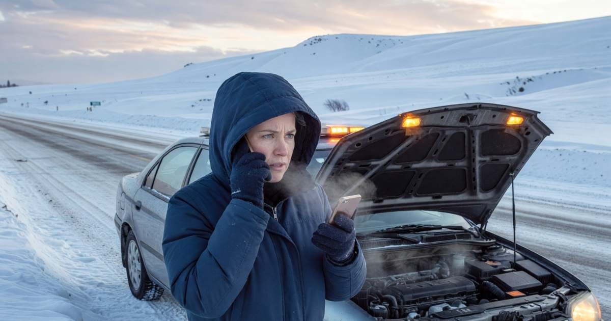 A woman in a winter coat standing beside her car with its hood open at the shoulder of a snowy road, phone to her ear, illustrating whether CAA roadside membership is worth it in Canada.