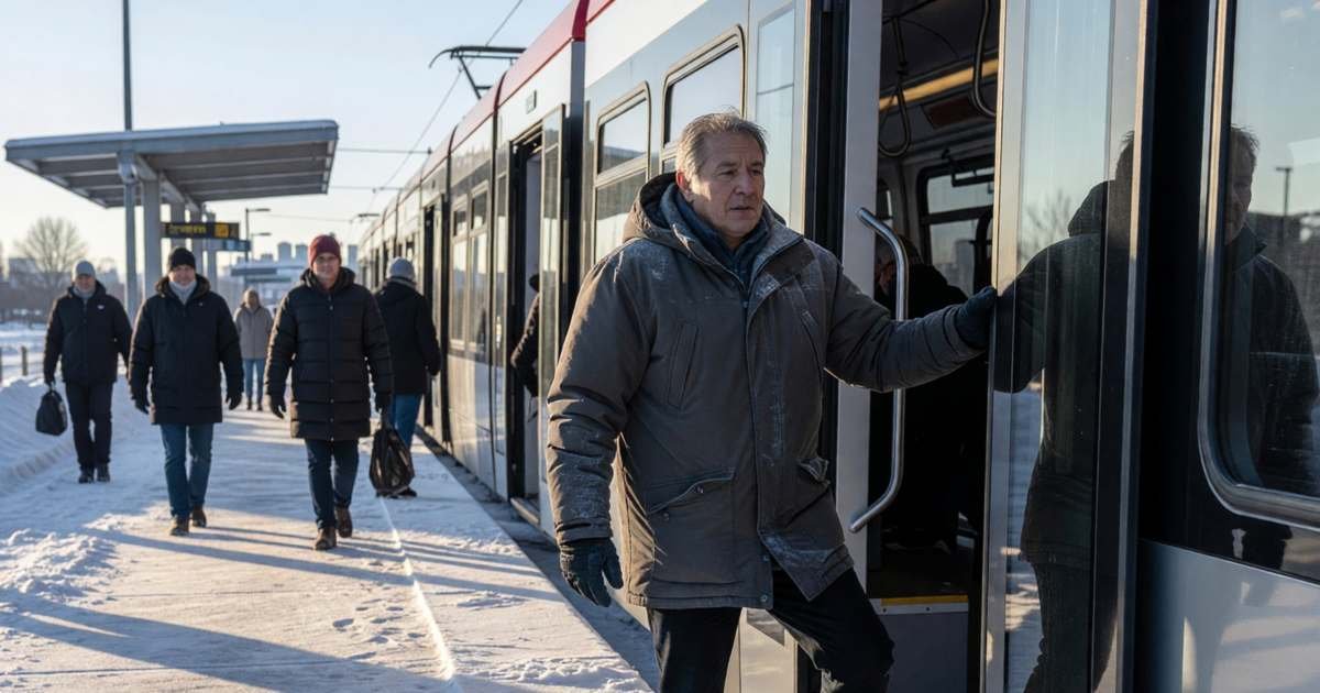 A commuter in a winter coat boarding a light rail train on an open-air platform, illustrating monthly transit pass versus tickets in Calgary and Edmonton.