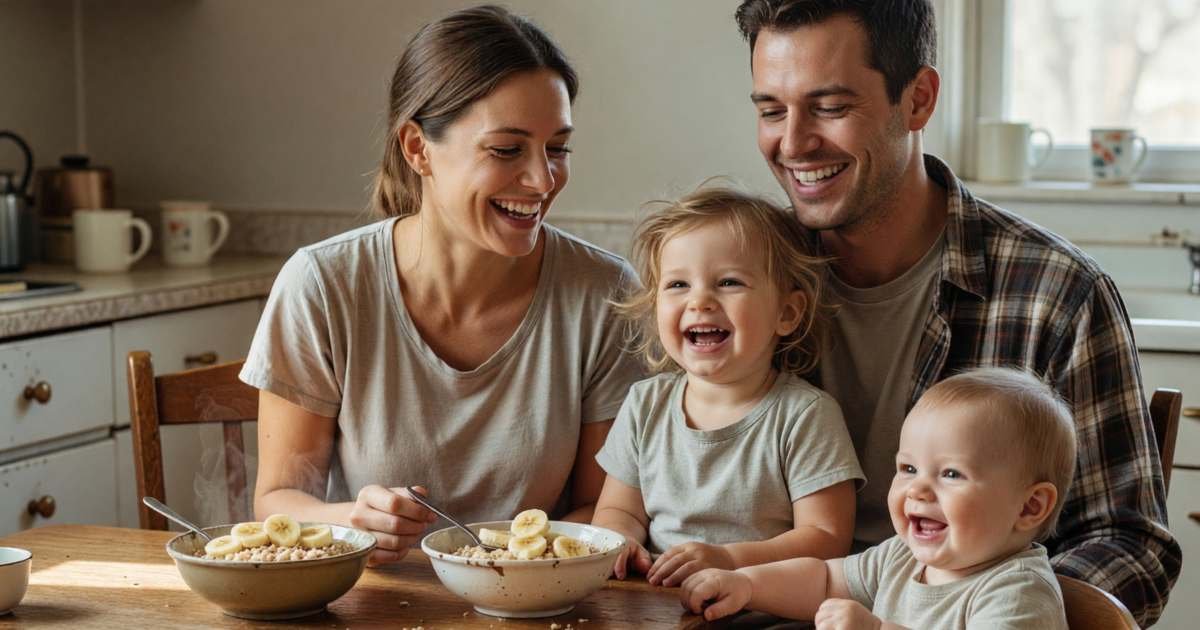 A young mother and father at a kitchen table with their toddler on a lap and a baby in a high chair, laughing together over breakfast, illustrating Canada Child Benefit amounts for 2026-27.