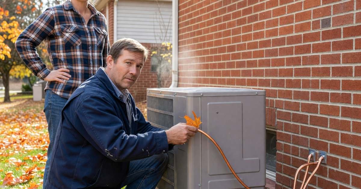 A contractor installing a heat pump outdoor unit beside a brick house while the homeowner watches, illustrating the Canada Greener Homes Grant and Loan status in 2026.