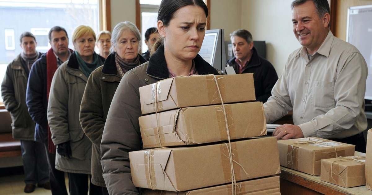 A woman carrying a stack of plain brown cardboard parcels to a post office counter, a postal clerk smiling, illustrating holiday shipping deadlines and costs in Canada.