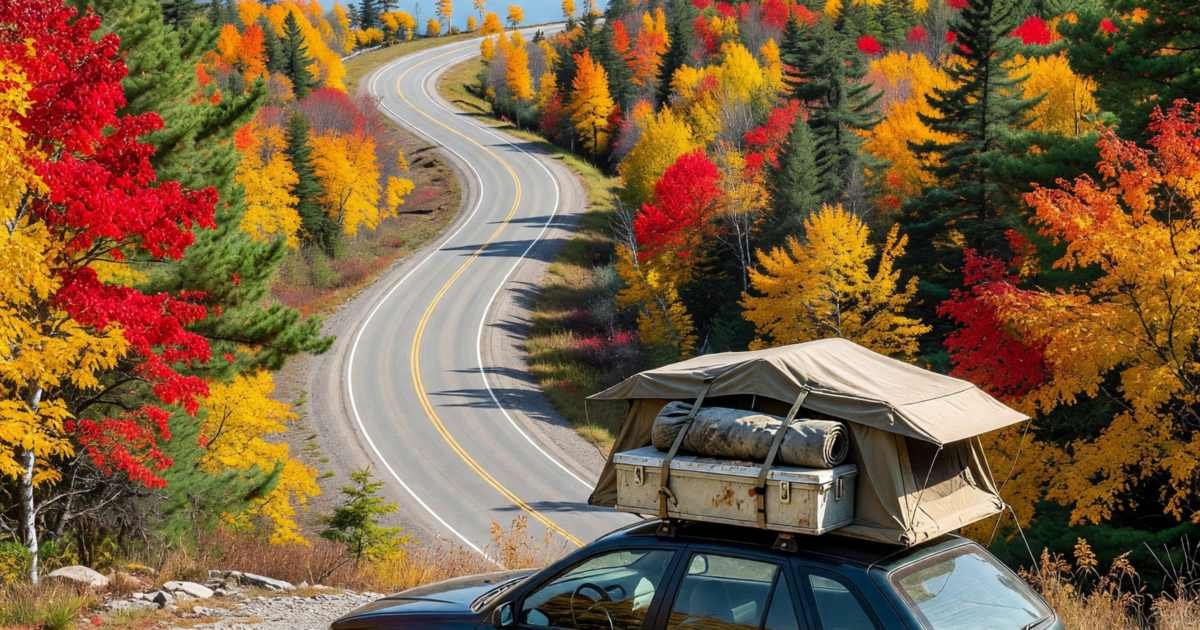 A loaded hatchback parked at a scenic lookout over a winding highway and a lake, illustrating budgeting a Canadian road trip.