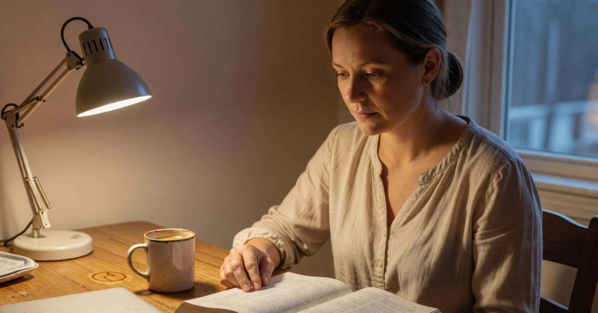 A woman studying at her kitchen table late in the evening after work, a textbook open, illustrating the Canada Student Grant for part-time students.