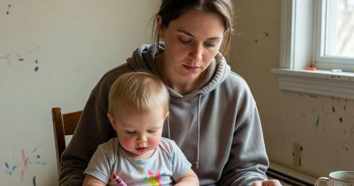 A student mother studying with a toddler on her lap at home, illustrating the Canada Student Grant for students with dependants.