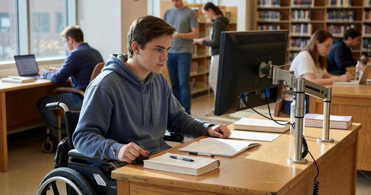 A student using a wheelchair working at a library desk with an adjustable monitor arm, illustrating the Canada Student Grant for students with disabilities.