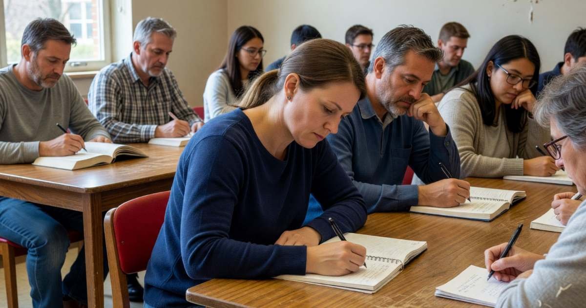 An adult learner in an evening class taking notes, other adults around a table, illustrating claiming the Canada Training Credit.