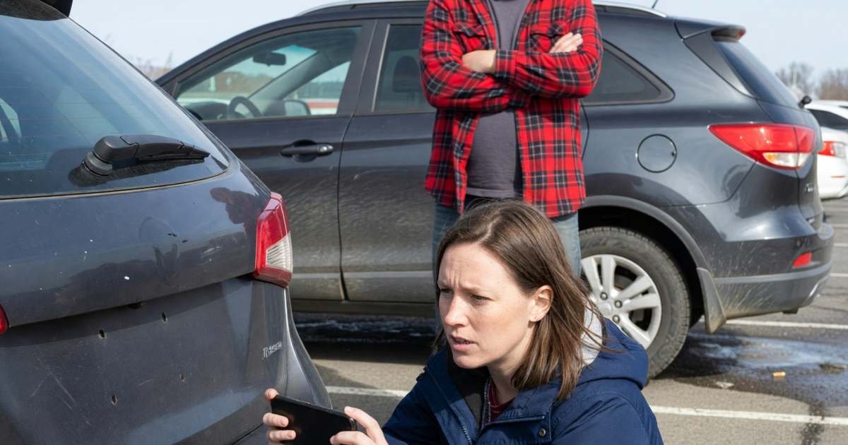 A woman photographing a minor dent on her car's rear bumper with her phone after a fender-bender in a parking lot, illustrating what to do after a collision to protect your insurance.