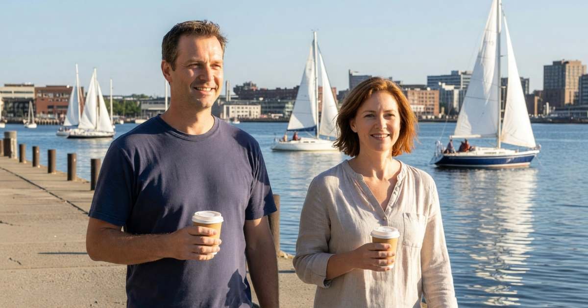 A couple walking along a city waterfront promenade with coffees on a sunny weekend, illustrating Canadian city staycations that cost less than a flight.