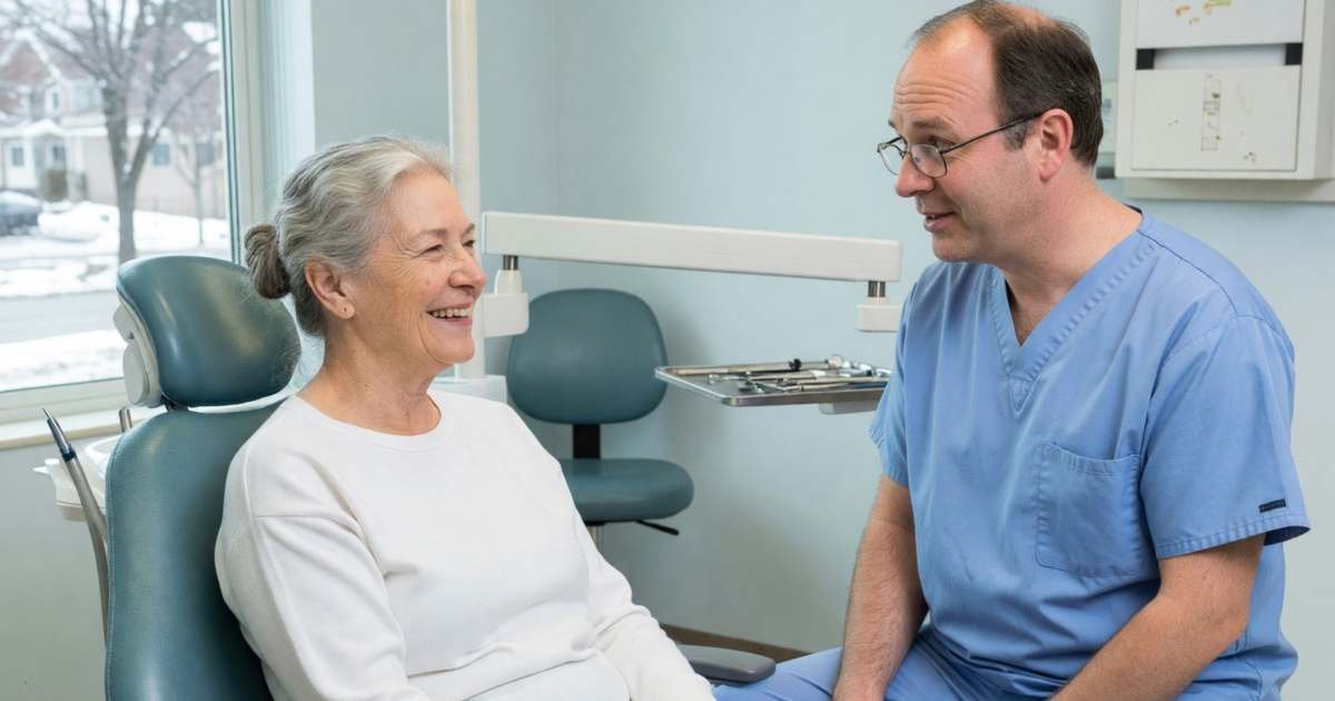 An older woman in a dental chair chatting with her dentist before a check-up, illustrating the Canadian Dental Care Plan in 2026–27.