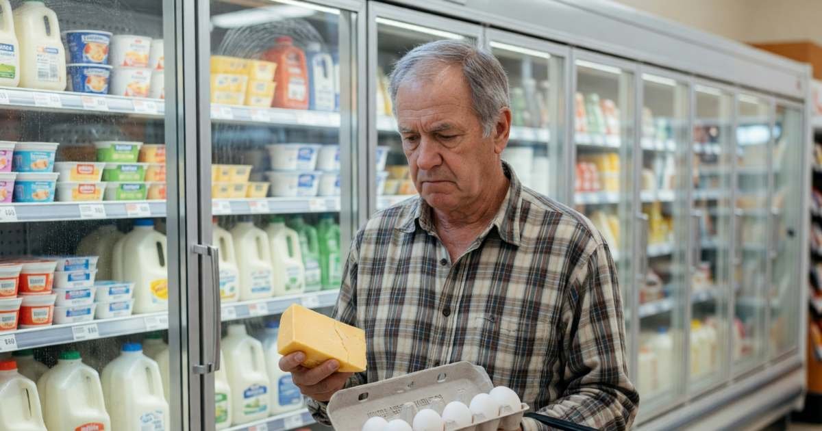 An older man holding a block of cheese and a carton of eggs in a dairy aisle, weighing up the price with a frown, illustrating Canadian grocery prices in 2026.