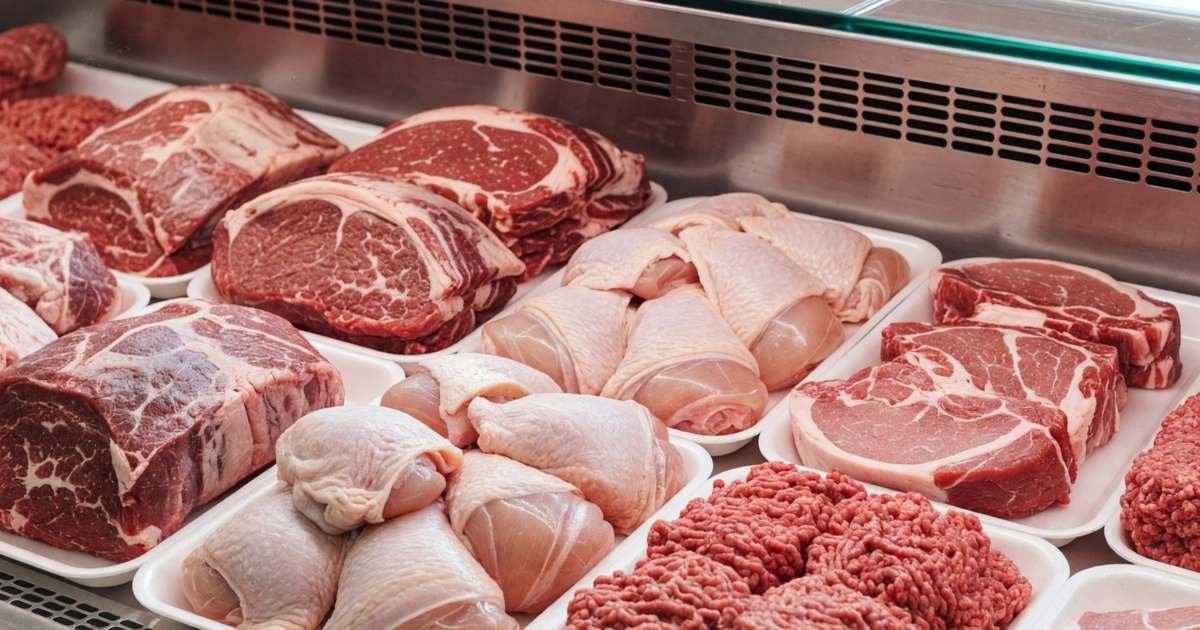 A butcher counter display case with roasts, chicken thighs, pork chops and ground beef on trays, illustrating a Canadian meat-buying strategy for flyer timing, unit prices and freezing.