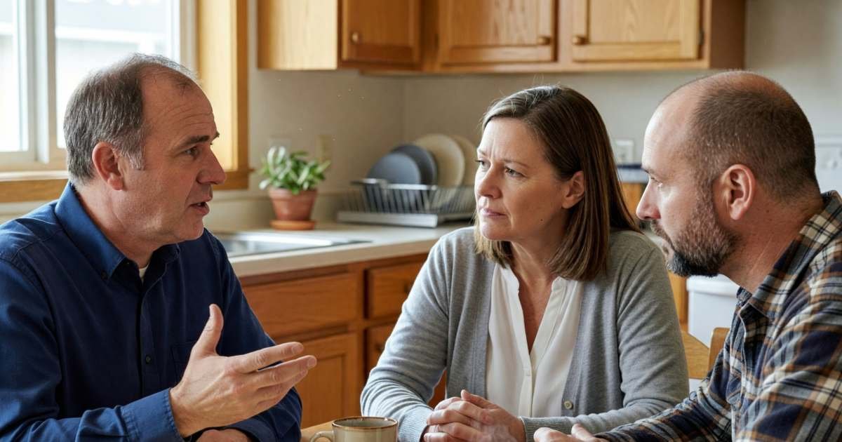 A couple in their forties sitting at a kitchen table with a mortgage adviser, the adviser talking and gesturing with an open hand, illustrating shopping a Canadian mortgage renewal.