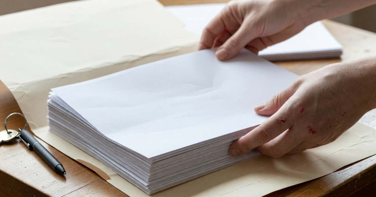 A pair of hands placing a neat stack of plain papers into a manila folder next to a set of keys, illustrating building a rental application package in Canada.
