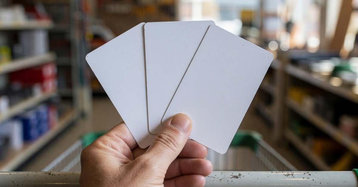 A hand holding three blank plastic loyalty cards fanned out over a shopping cart handle, illustrating stacking Canadian Tire Money, Scene+ and PC Optimum.
