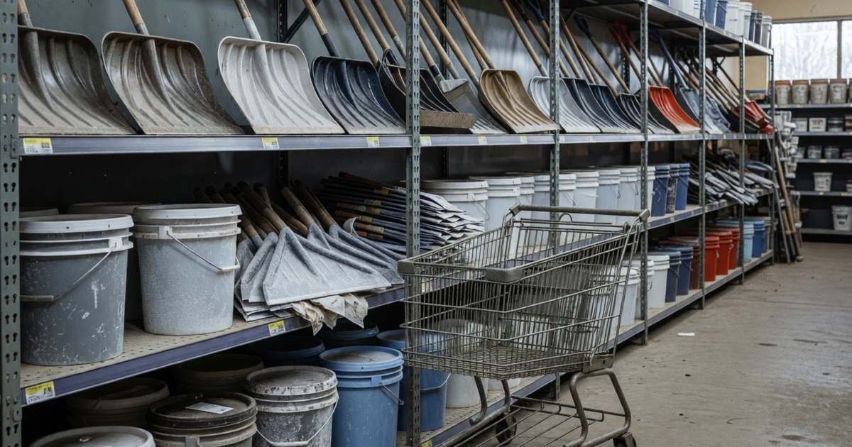 A seasonal aisle of a hardware store with snow shovels, ice melt pails and windshield scrapers on shelves, illustrating how Canadian Tire sales and clearance cycles work.