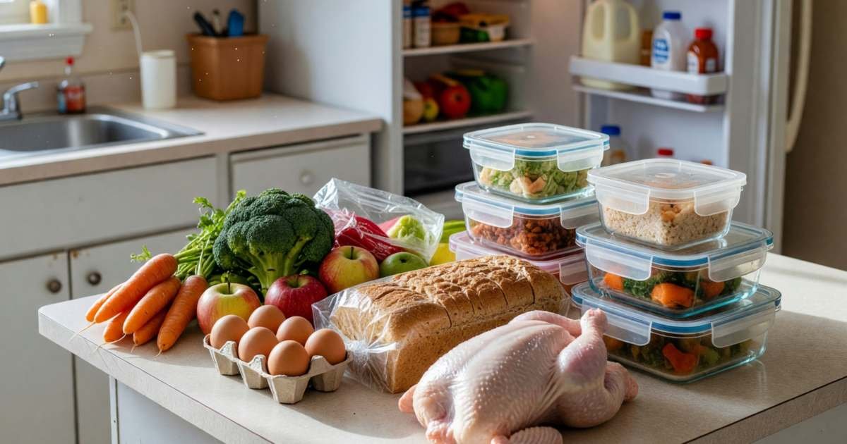 A week of groceries neatly organised on a kitchen counter next to an open fridge: produce, eggs, bread, a whole chicken and containers of prepped meals, illustrating a weekly grocery system for Canadian households.