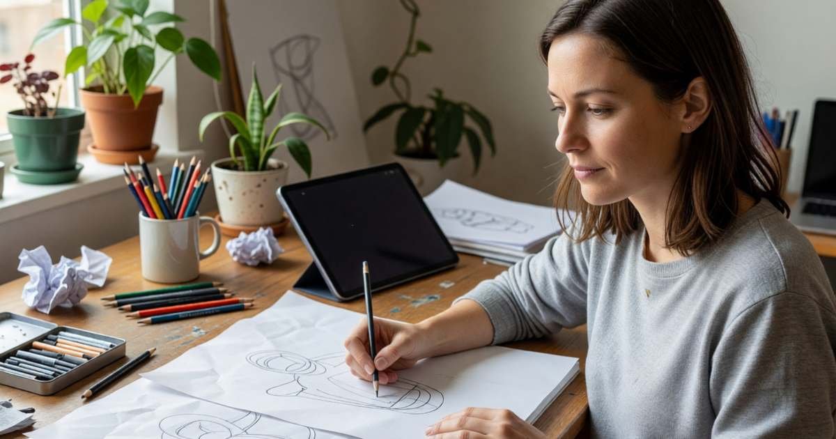 A graphic designer sketching on a paper pad at a drafting table with a tablet beside her, illustrating cancelling Adobe Creative Cloud and alternatives.