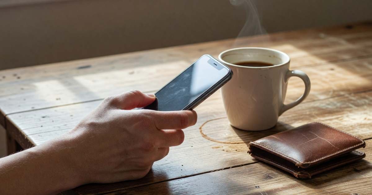 A hand holding a smartphone face down on a kitchen table next to a coffee cup and a wallet, illustrating finding and cancelling Apple subscriptions on an iPhone.