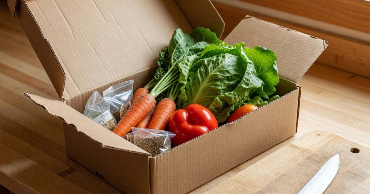A meal-kit delivery box opened on a kitchen counter with fresh vegetables and small ingredient bags, illustrating pausing or cancelling Chef's Plate and Goodfood.