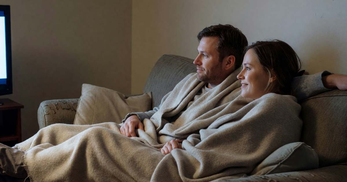A couple on a sofa under a blanket watching TV at night, seen from behind, illustrating cancelling Crave in Canada.