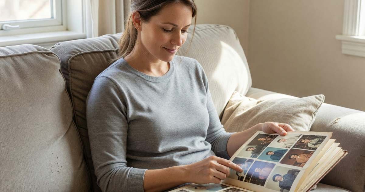 A woman flipping through a printed family photo album on her sofa, illustrating cancelling or downgrading Google One without losing photos.