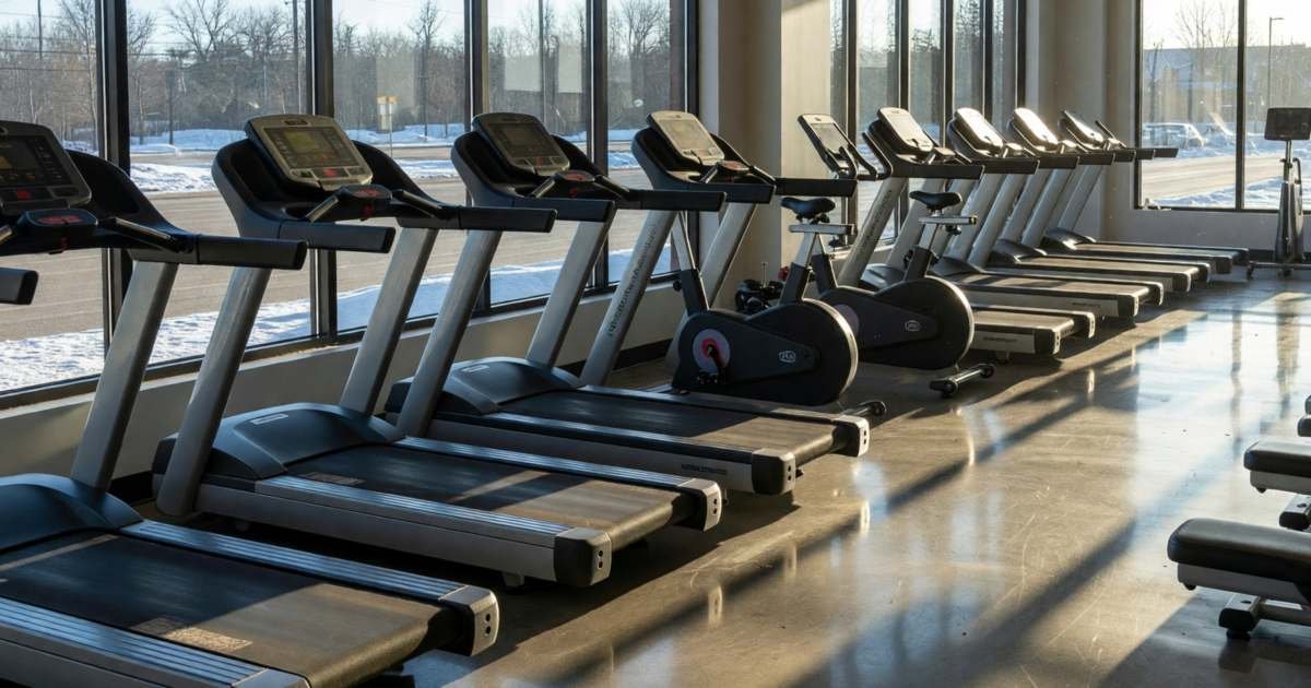 A row of empty treadmills and bikes in a large fitness club at early morning, illustrating cancelling a GoodLife Fitness membership.