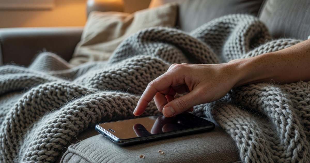 A thumb hovering over a smartphone resting on a sofa arm, the screen dark, illustrating cancelling Google Play subscriptions on Android.
