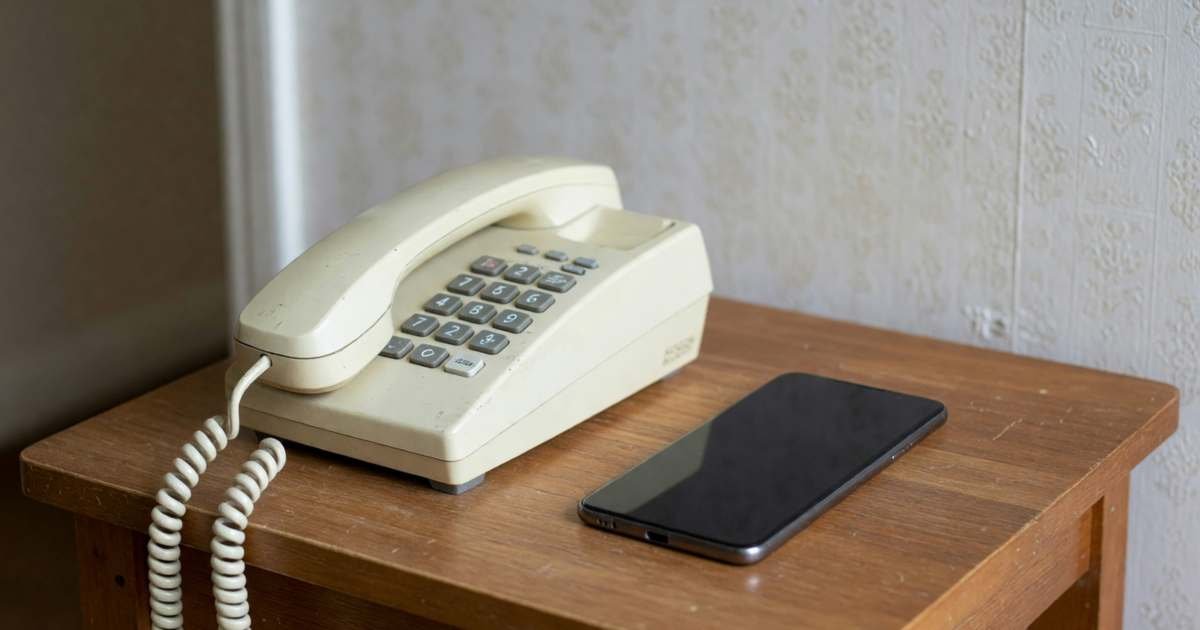 An old corded landline telephone on a hallway table beside a modern smartphone, illustrating cancelling a landline and keeping the number.