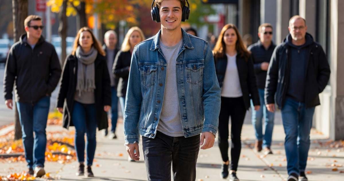 A young man walking along a city sidewalk with headphones on, smiling, illustrating cancelling or pausing Spotify Premium.