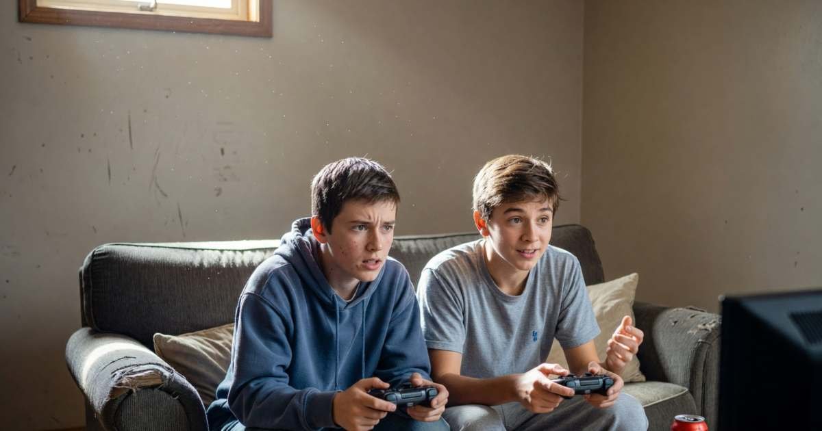 Two teenage brothers playing a video game on a couch with controllers, illustrating cancelling Xbox Game Pass in Canada.