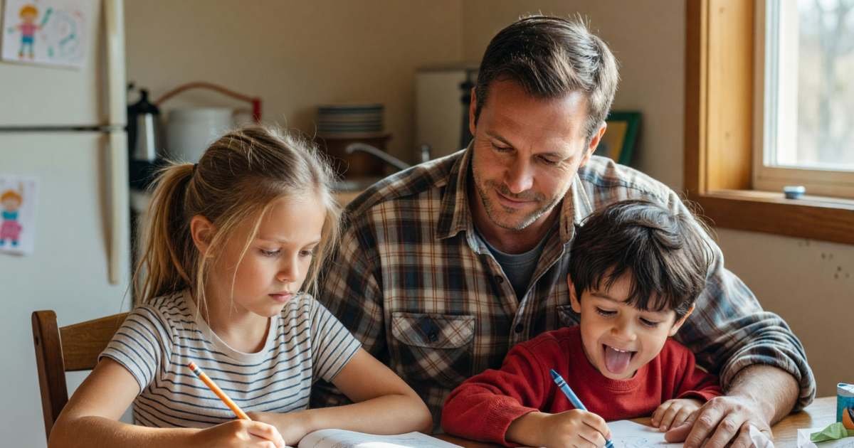 A father helping his young daughter with homework at the kitchen table while her little brother draws, illustrating capturing the CESG with an RESP in Canada.