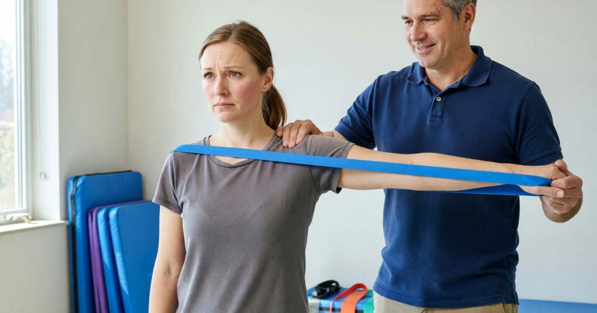 A woman at a physiotherapy appointment, the physiotherapist guiding her shoulder exercise with a resistance band, illustrating using employer health spending accounts and benefits in Canada.