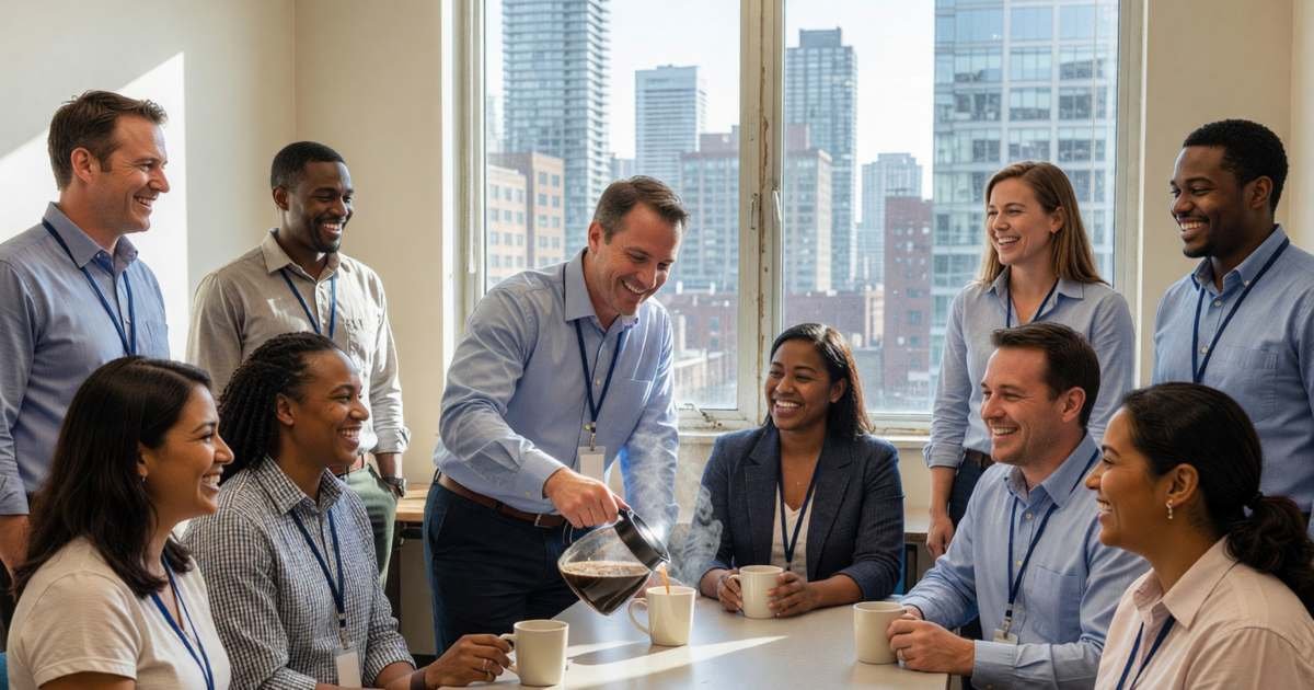 A team of office coworkers chatting in a bright break room, one pouring coffee, all smiling, illustrating capturing every dollar of employer RRSP match in Canada.