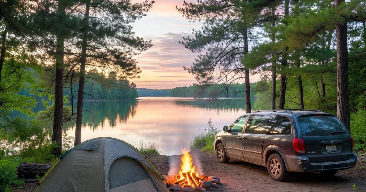 A family tent and a minivan at a lakeside campsite at dusk with a campfire, illustrating car camping versus hotels for family trips.