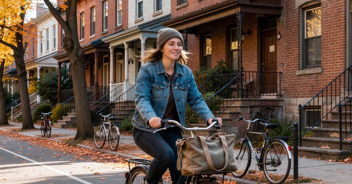 A young woman riding a bicycle with a tote bag in the front basket down a tree-lined residential street with a bike lane, illustrating running the car-lite numbers in Canadian cities.
