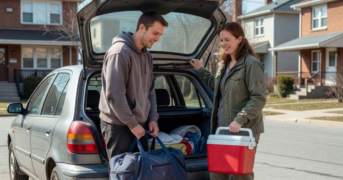 A couple loading weekend bags into the trunk of a small hatchback parked on a city street, illustrating car rental versus car-share for Canadian weekends.
