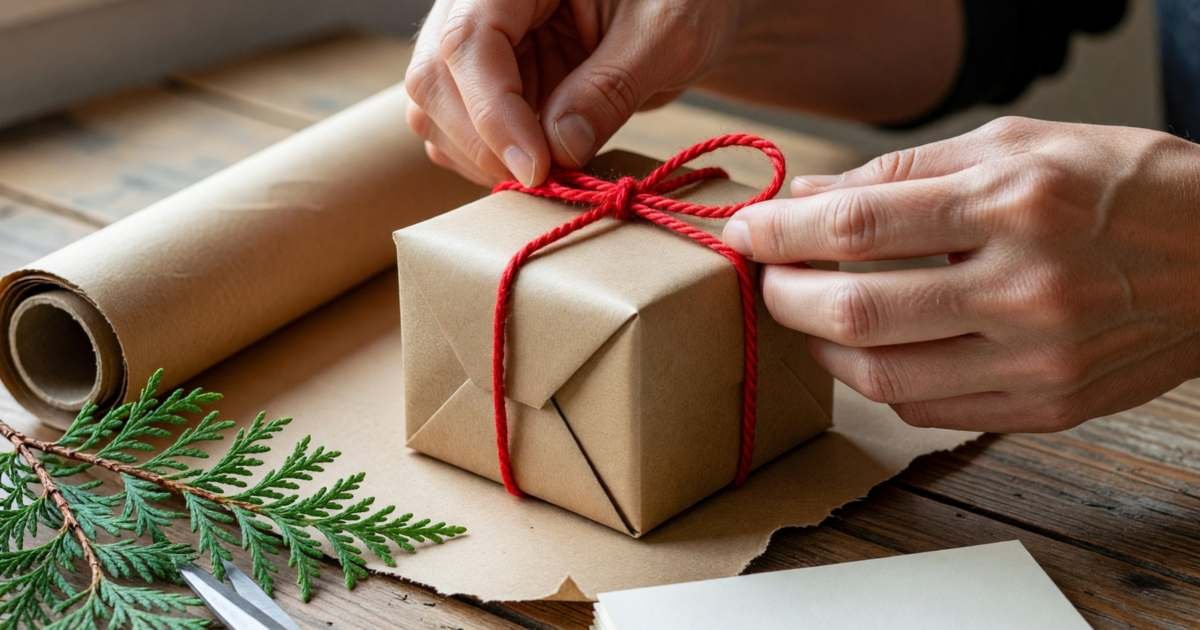 Close-up of hands wrapping a small gift box in plain kraft paper and tying it with red twine, illustrating budgeting for cards, gift wrap and stocking stuffers in Canada.