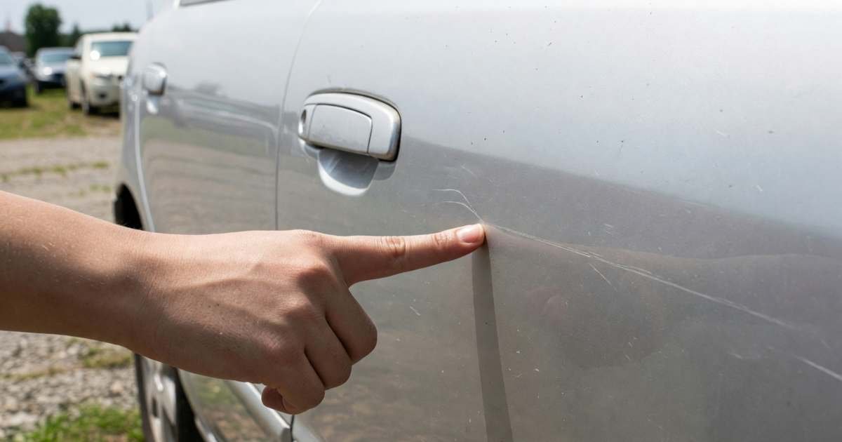 A hand running a finger along the side of a used car, checking a faint scratch on the paint, illustrating reading a CARFAX Canada vehicle history report.