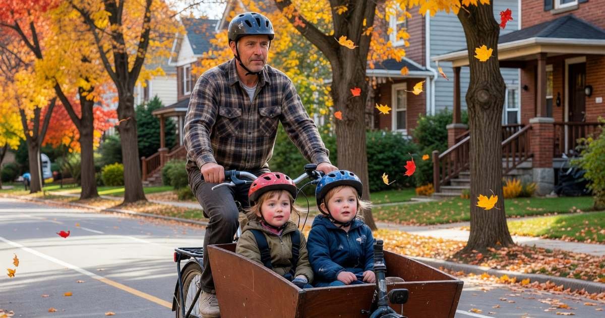 A father riding a cargo bike with two young children in the front box along a bike lane, illustrating replacing a second car with a cargo bike in Canada.