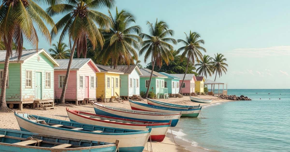 A pastel-coloured Caribbean beach town with fishing boats pulled onto the sand, illustrating the Caribbean from Canada on a budget.