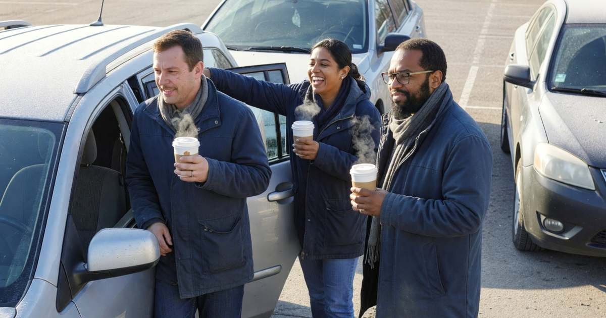 Three co-workers getting into a small SUV together in an office parking lot in the morning, illustrating carpooling commutes in Canada.
