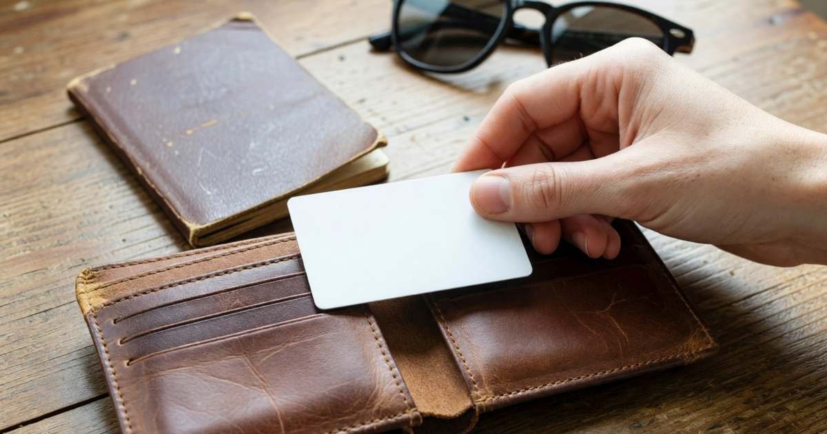 A hand sliding a plain blank credit card into a travel wallet beside a passport, illustrating when cash-back beats travel points.