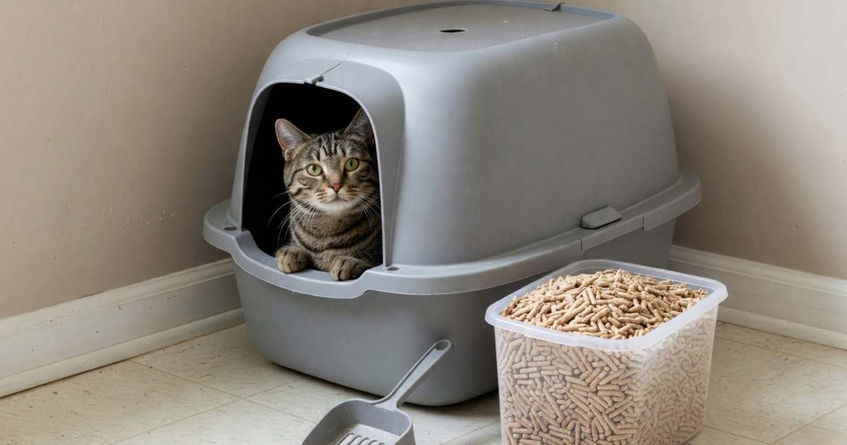 A covered cat litter box in a laundry room corner with a scoop and a bin of pine litter pellets beside it, illustrating cat litter costs per month in Canada.
