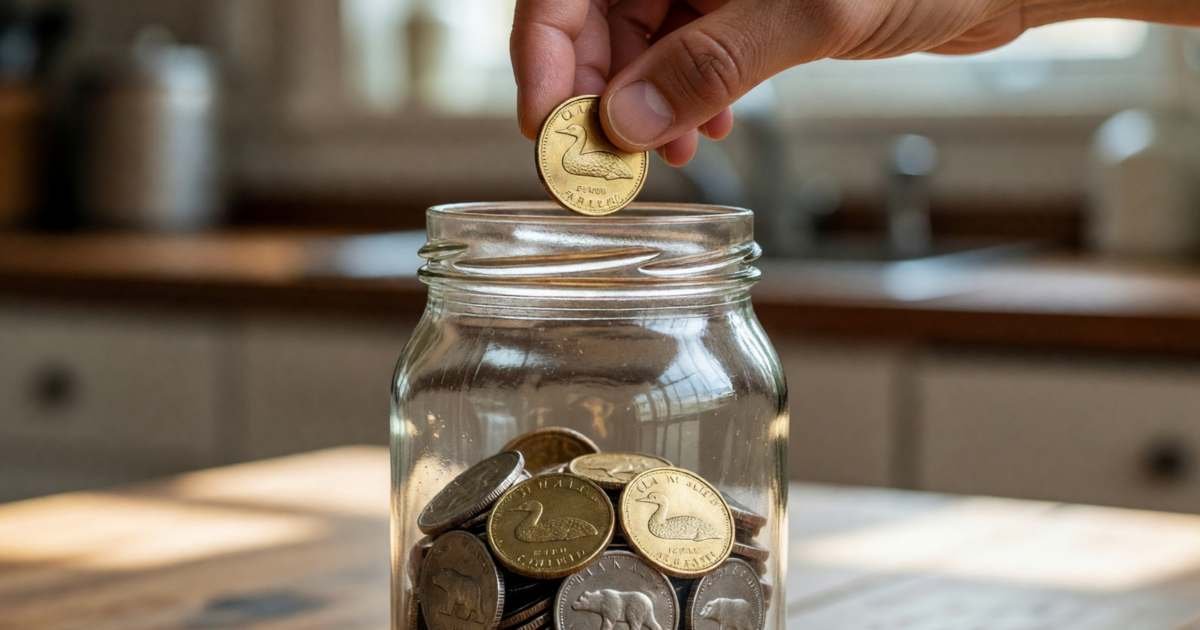Close-up of a hand dropping a gold loonie into a glass jar already partly filled with loonies, toonies and quarters, illustrating catching up unused TFSA room in Canada.