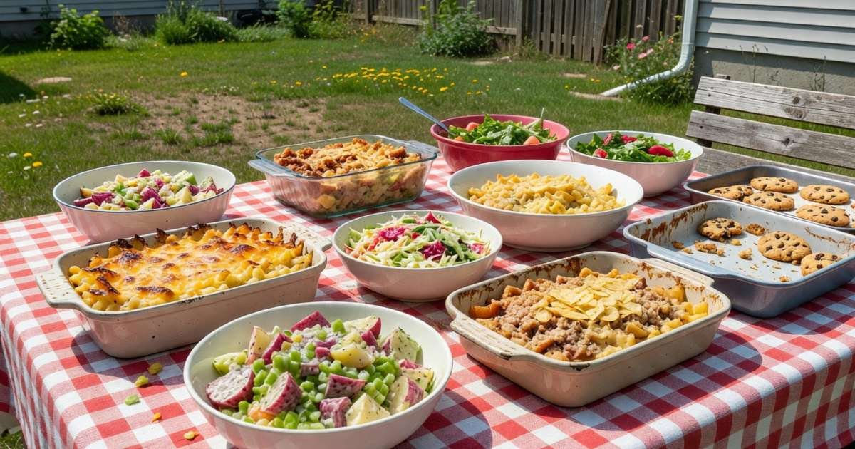 A potluck table with casserole dishes, salads and desserts in mismatched dishes, illustrating catering versus potluck versus DIY for a party.