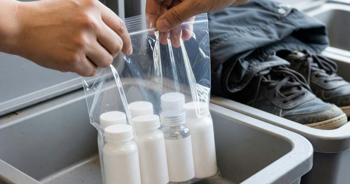 Close-up of hands placing a clear resealable plastic bag holding small plain white and clear travel bottles into a grey plastic airport security bin, illustrating CATSA liquids rules at airport security.