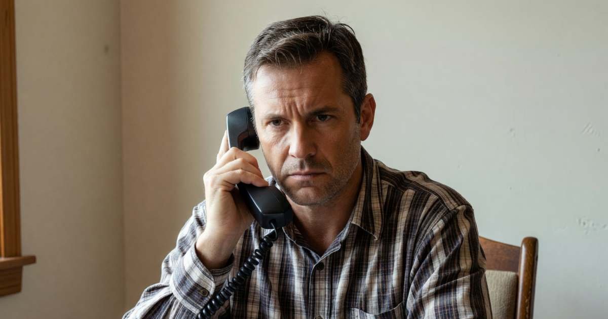 A man on the phone at his desk looking firm, a phone bill folded in front of him, illustrating disputing a phone or internet bill through the CCTS.