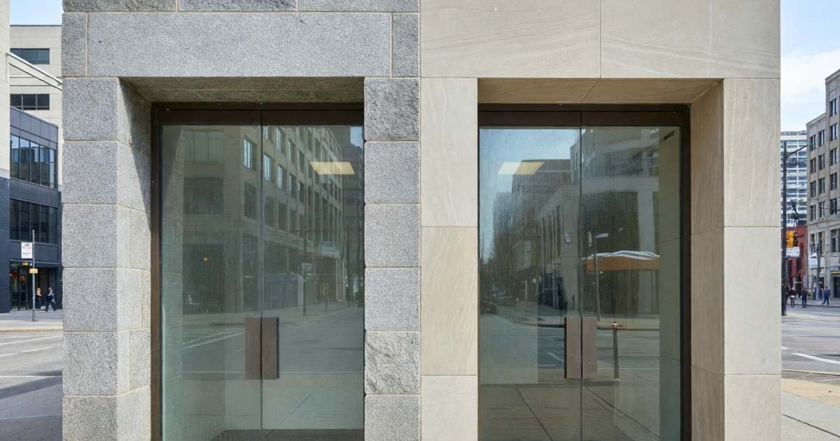 Two different bank branch entrances side by side on a downtown street corner, glass doors and stone facades, illustrating how CDIC coverage works when you split savings across banks.